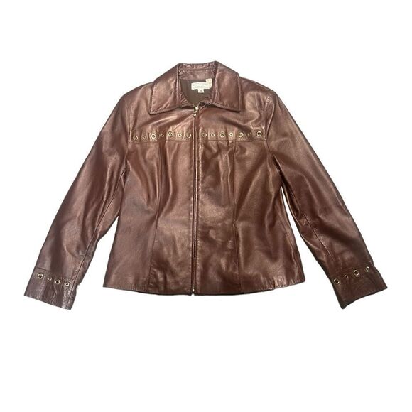 St John Sport Brown & Gold Grommet Detail Y2K 90’s Leather Jacket Size Medium - Picture 2 of 8